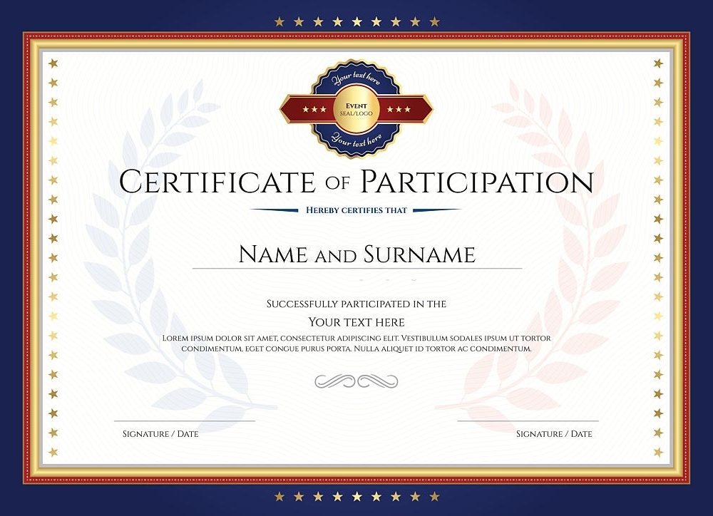 Certificate of participation template with laurel background and blue border