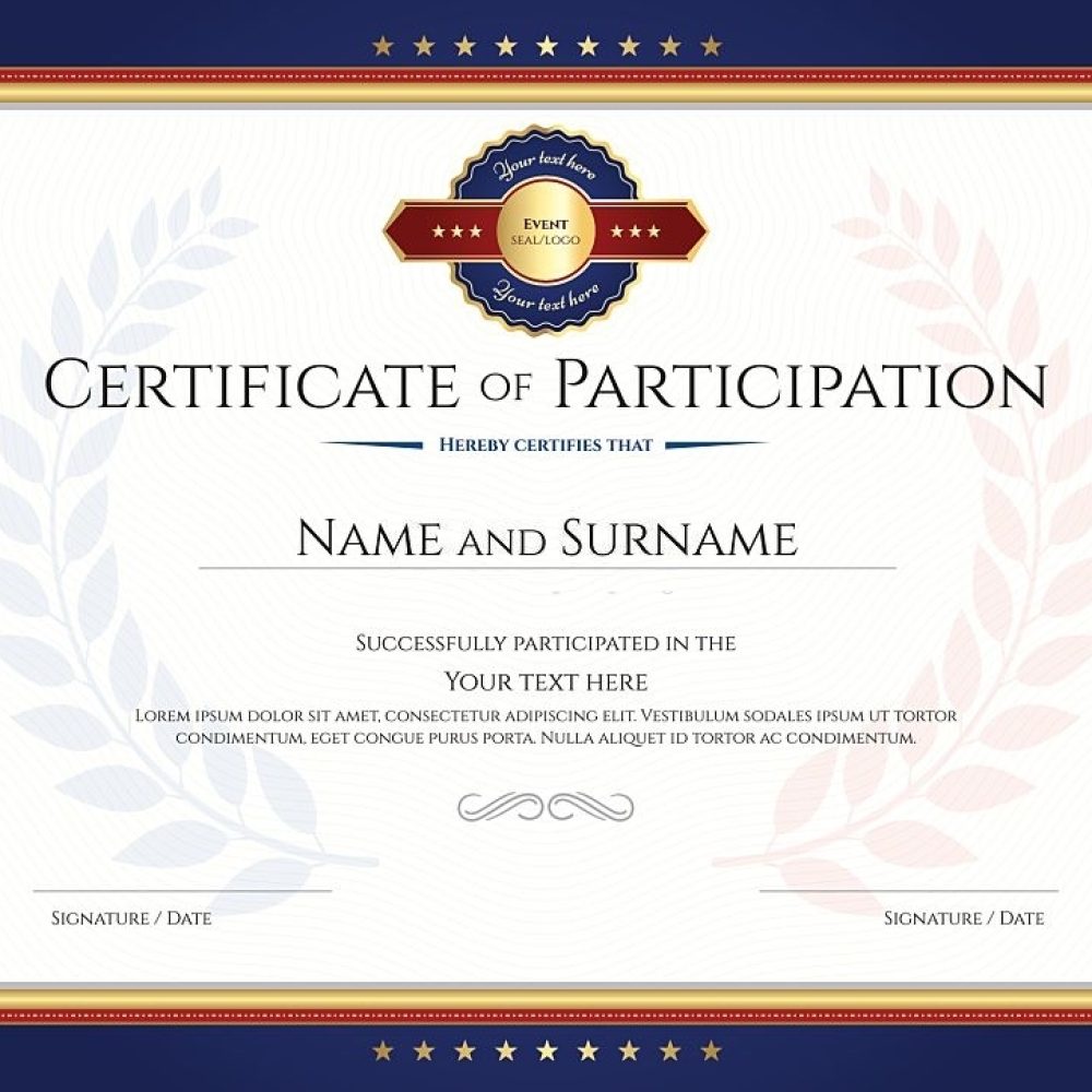 Certificate of participation template with laurel background and blue border